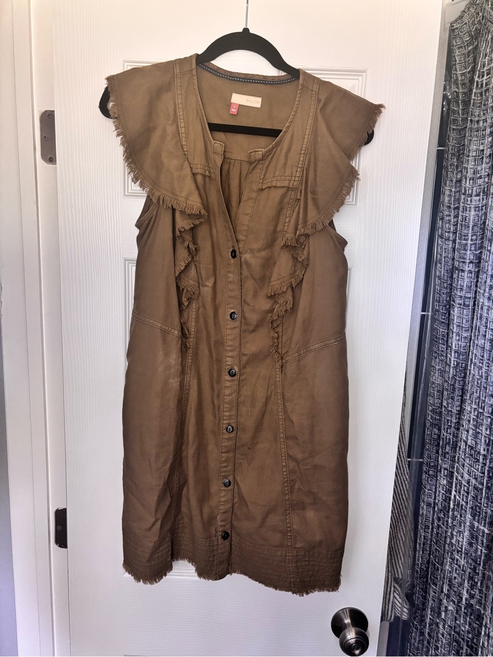 Pilcro Frayed Ruffle Front Sleeveless Shirt Dress in Khaki